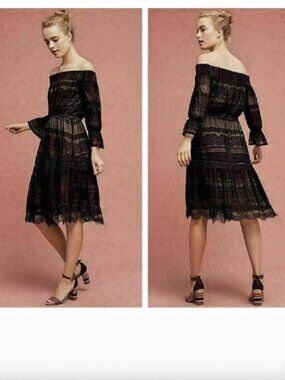 Anthro HD in Paris Black Lace Off Shoulder Dress